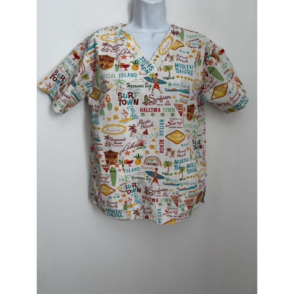 Scrub Top E & K  Surfer Beaches Hula Made In Hawaii Hulu Hawaiian Cocktail M